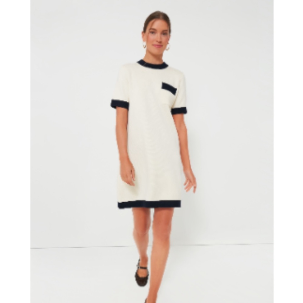 Elegant Off White and Navy Trim Dress